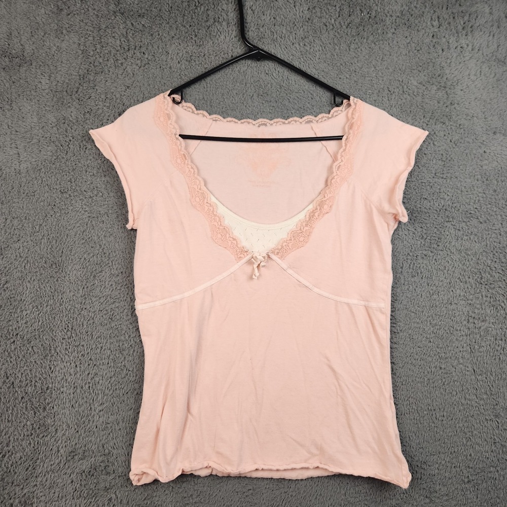 Vintage Y2K Top Women Medium Babydoll Pink Lace Trim 90s Fairy Coquette Mallcore